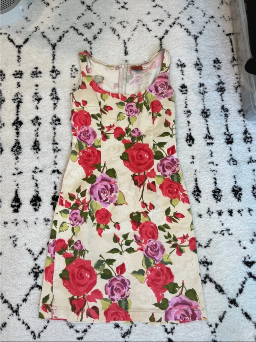 Vintage Cream Floral Mini Dress with Pink & Red Roses